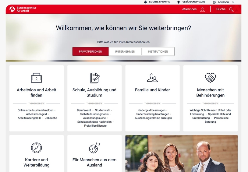 Screenshot Homepage Bundesagentur für Arbeit